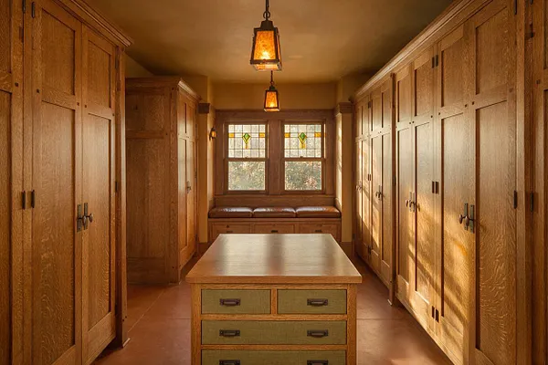 A long Craftsman-style closet lined with tall oak storage cabinets on both sides, centered around a wooden island with drawer fronts. At the far end, a built-in bench sits beneath stained glass windows, and two warm pendant lights hang from the ceiling, creating a cozy amber glow.