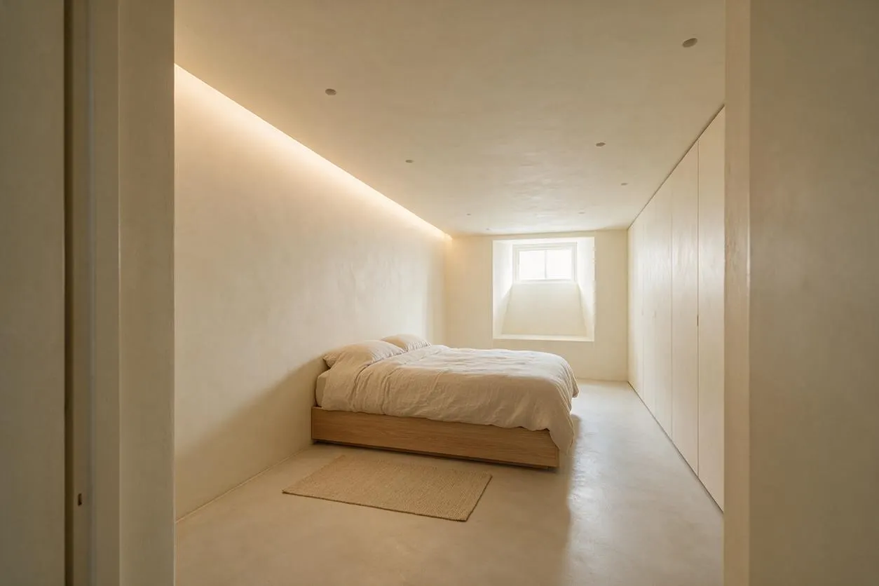 A long, narrow guest bedroom with smooth cream walls, a low wooden bed dressed in soft beige bedding, and a small natural rug on the floor. Recessed ceiling lights and a slim cove light wash the room in warm illumination, while a small high window brings in daylight and built-in white storage lines the right wall.