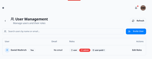 The image displays a user management interface for an admin section.