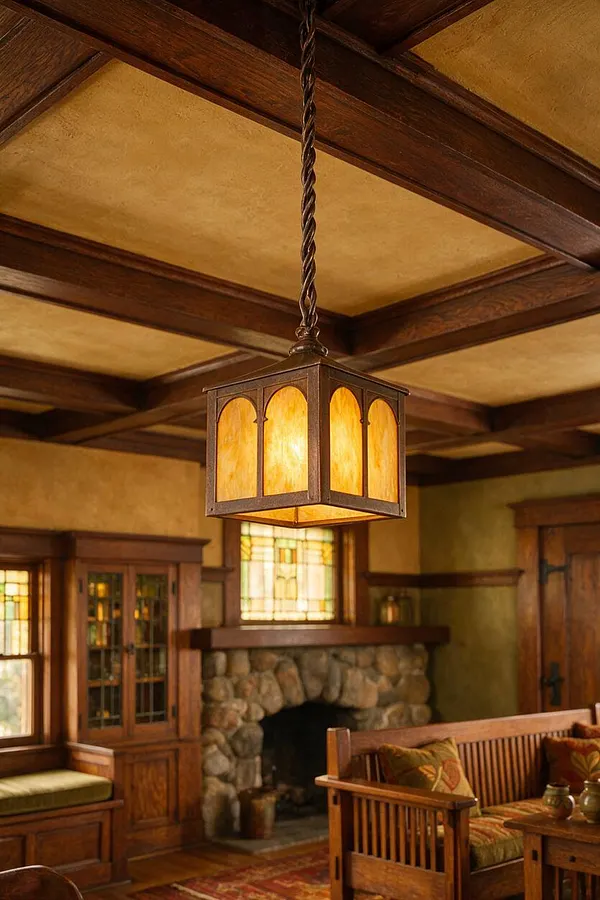 A Craftsman-style room features a square hanging lantern pendant with amber glass panels suspended from a twisted cord. Below it are rich wood trim, a stone fireplace, built-in cabinetry, and warm earth-toned furnishings that create a cozy, historic atmosphere.