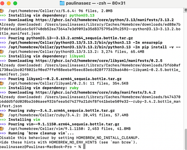 The image displays a terminal window showing the installation process of Vim and its dependencies using Homebrew on a Mac.