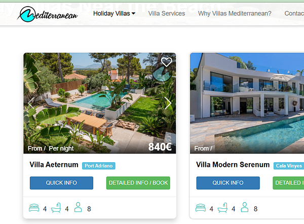The image displays a web interface for holiday villa listings, featuring two villas with images, pricing, and booking options.