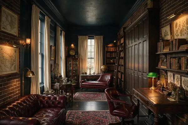 A dimly lit front porch styled like a dark academia study, with brick walls, dark painted trim, leather seating, Persian-style rugs, wall maps, bookshelves, and warm brass lamps. Tall curtains frame the windows, creating a scholarly, vintage atmosphere.