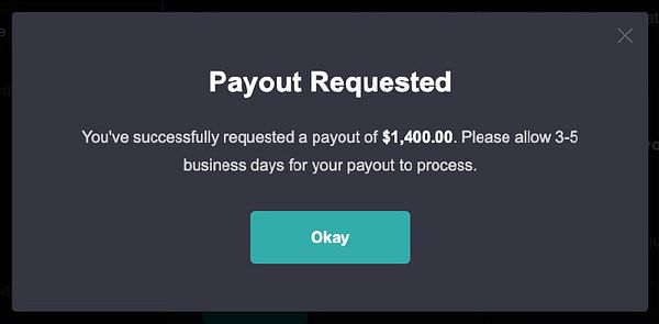A confirmation message indicating a successful payout request of $1,400.