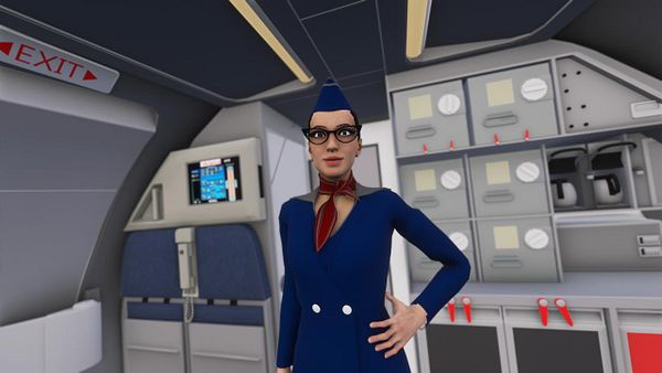 A virtual flight attendant stands in the cabin of an A318 aircraft.