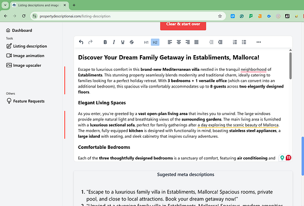 The image displays a screenshot of a property listing description interface for a Mediterranean villa in Establiments, Mallorca.
