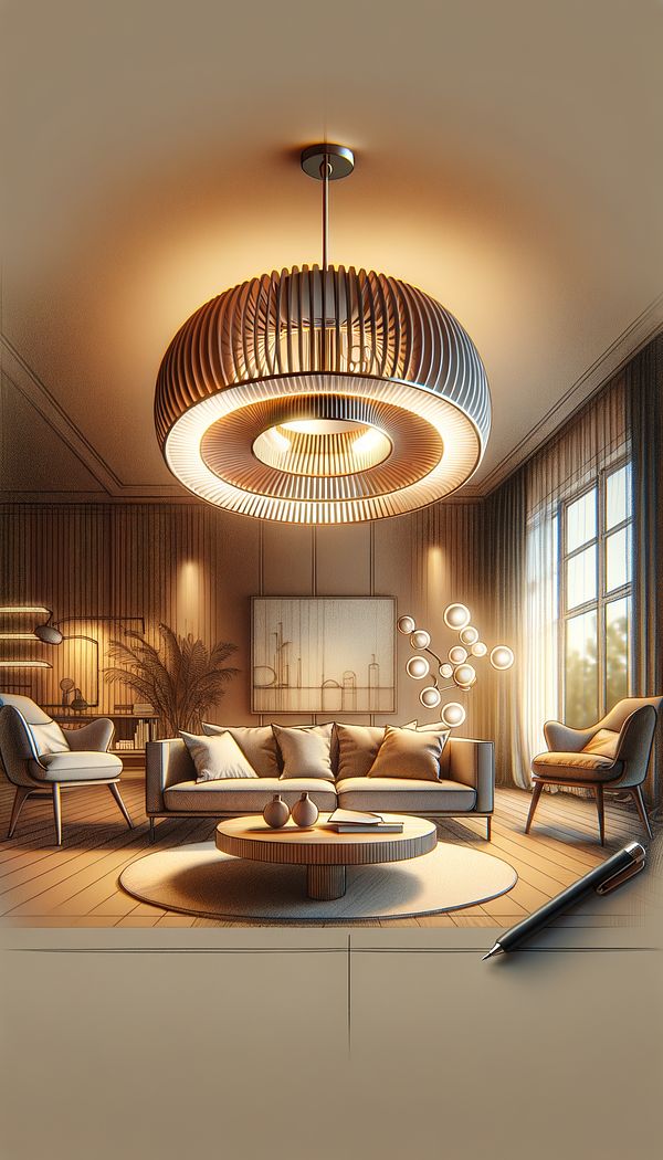 A stylish pendant lighting fixture hanging over a modern living room coffee table, illuminating the area with a warm, inviting glow.