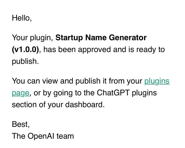 Screenshot of the Startupnamegenerator.com plugin interface approved by OpenAI, displaying sections for plugin names and editing options.