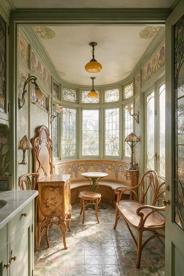 A narrow Art Nouveau sunroom with curved bay windows, pastel green trim, and stained glass panels. The room includes carved wood furniture, floral tile flooring, decorative wall murals, and warm amber pendant lights.