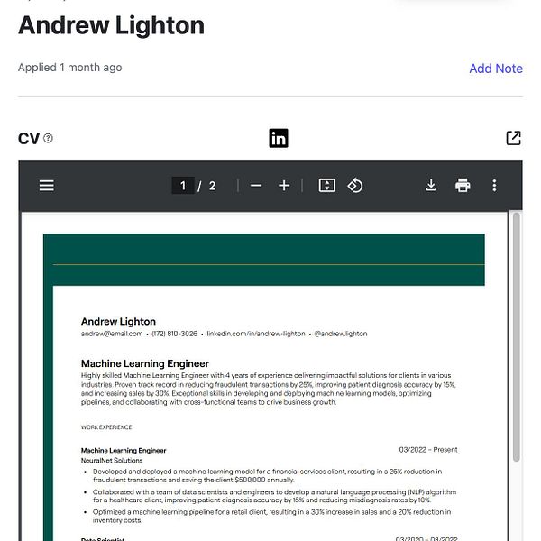 The image displays a CV for Andrew Lighton, highlighting his experience and skills in machine learning.