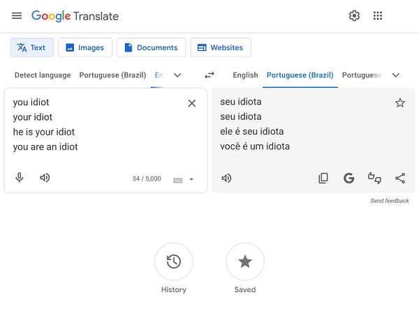 The image displays a Google Translate interface translating various English phrases into Portuguese.