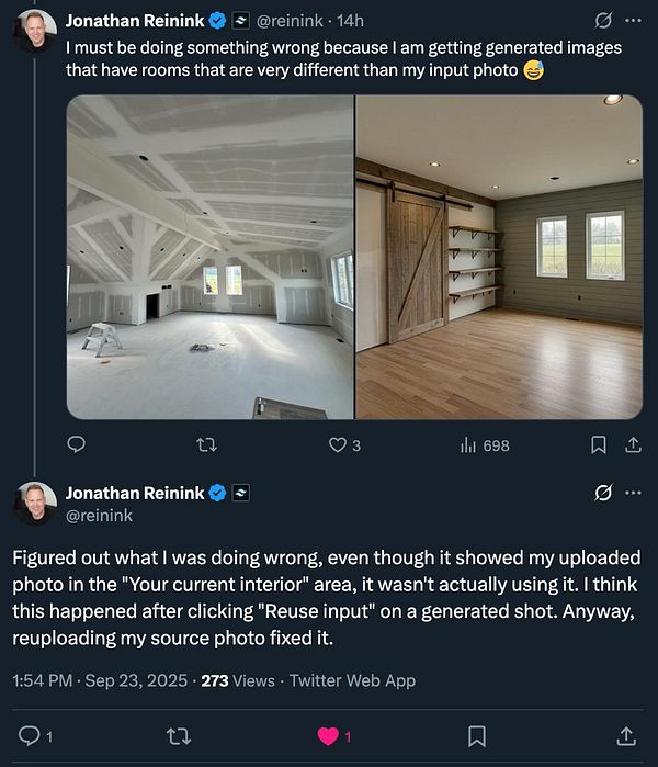 The image features a split view of two different interior spaces, highlighting a contrast between an unfinished room and a finished one.