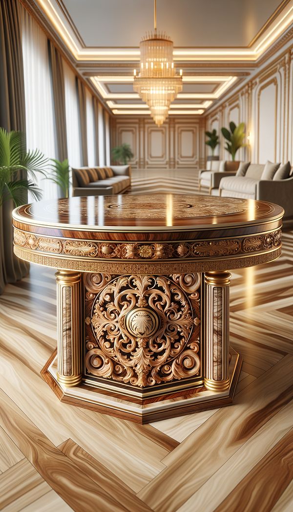 A close-up image of a luxurious Certosina table showcasing intricate patterns made from contrasting materials, set in a modern, well-lit interior space.