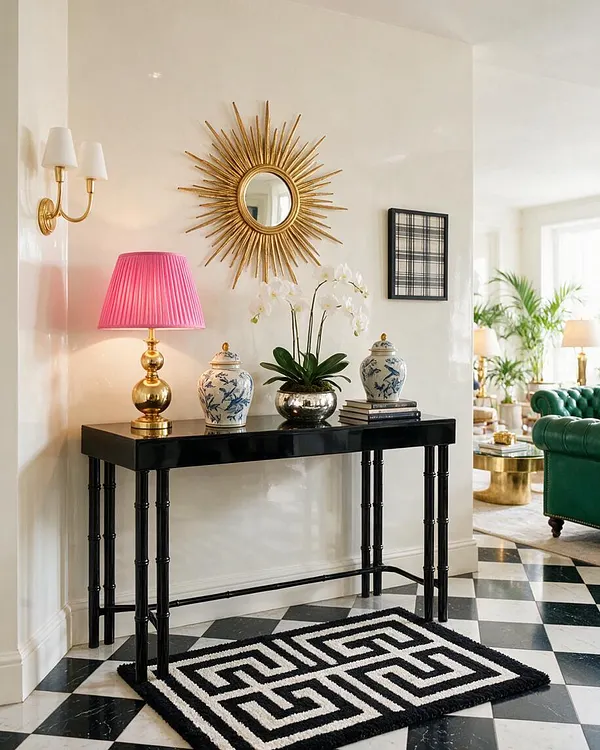 A Hollywood Regency entry vignette features a glossy black console table styled with a pink table lamp, porcelain ginger jars, a mirrored planter with white orchids, and stacked books. Above it hangs a gold sunburst mirror, with a brass wall sconce to the left and a black-and-white geometric rug over a checkerboard marble floor.