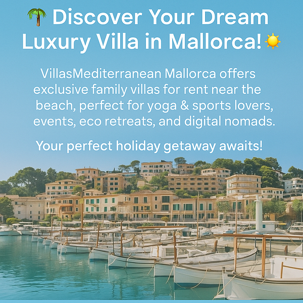 A promotional image for luxury villa rentals in Mallorca, featuring a scenic waterfront view.