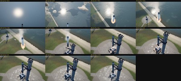 A sequence of images showing a rocket booster descending and being caught by a crane on a launchpad.