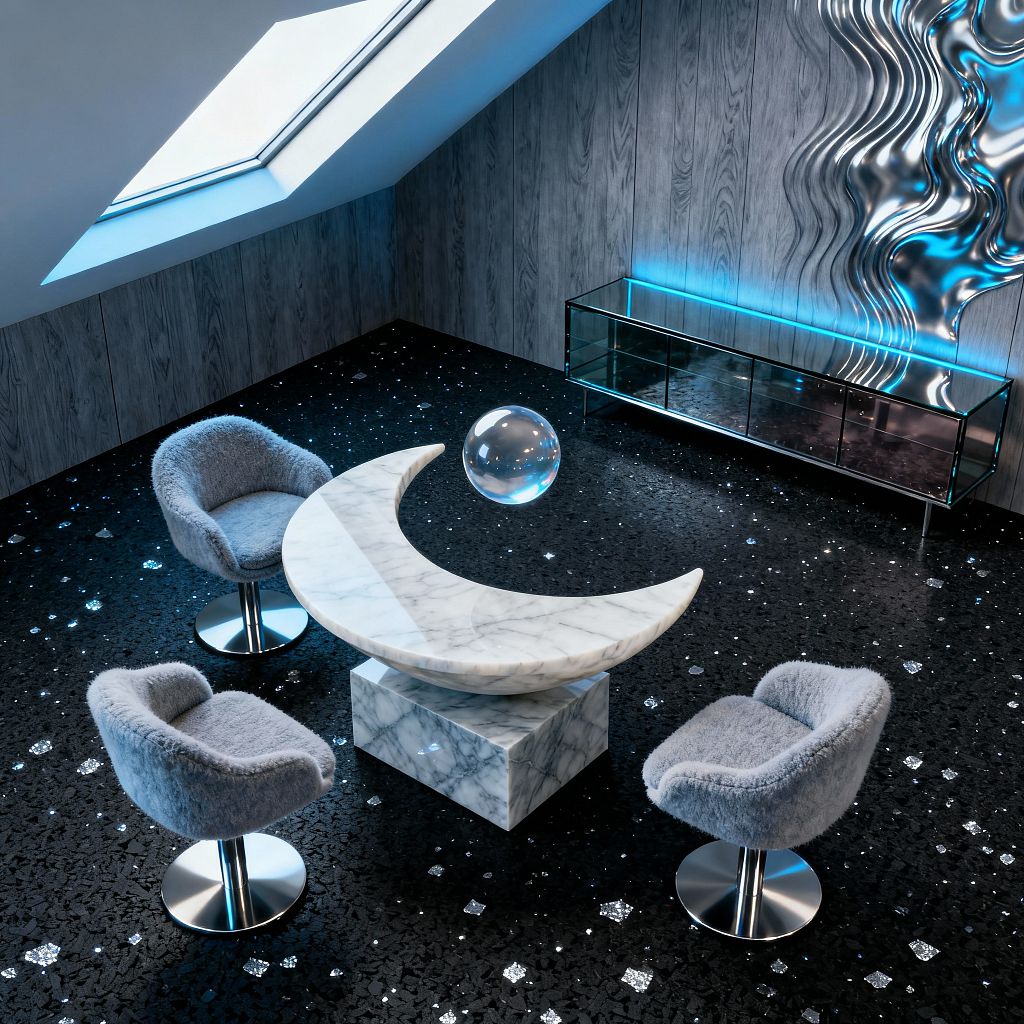 An angular-roof dining room features a crescent-shaped white marble table on a marble cube base, centered below a large skylight. Four gray faux-fur swivel chairs with stainless pedestals sit on a black, star-studded terrazzo floor; a glass orb centerpiece floats above, while gray wood wall panels, a mirrored glass credenza with blue LED underglow, and a rippled chrome wall sculpture add futuristic shimmer.