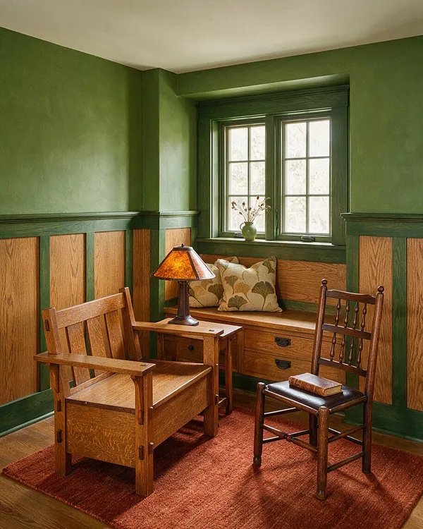 A compact Craftsman-style living room nook with deep green walls, oak wainscoting, and built-in bench seating under a multi-pane window. Two wooden chairs, a warm amber table lamp, patterned cushions, and a rust-colored rug create a cozy, handcrafted feel.