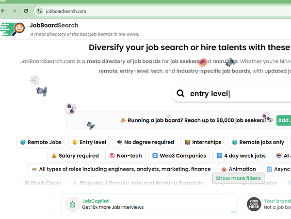 The image displays a webpage from JobBoardSearch.com featuring job search filters and options.