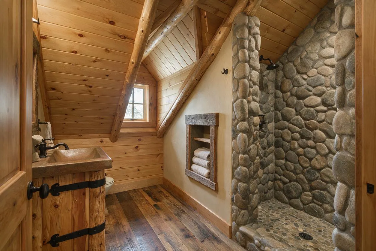 A rustic master bathroom with knotty wood plank walls and ceiling, exposed timber beams, and a stone-lined walk-in shower. The room includes a live-edge style wood vanity with a vessel sink and black faucet, a small window for daylight, and warm wood flooring for a cozy cabin feel.