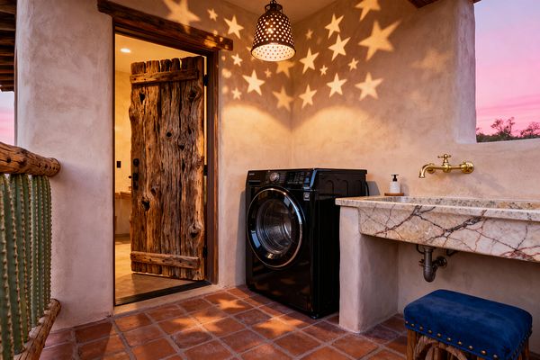 A compact Southwestern laundry space with adobe-plastered walls and terracotta floor tiles. A black front-load washer sits beside a thick, veined stone trough sink with a wall-mounted brass faucet. A weathered wood door opens to an adjoining room, while a perforated metal pendant casts large star-shaped shadows across the walls. A small blue upholstered stool with nailhead trim tucks under the sink, and a sunset sky glows beyond the stucco railing.