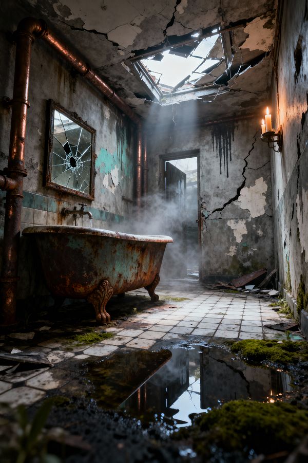 A derelict bathroom features a rusted clawfoot tub releasing steam beneath a jagged hole in the ceiling that lets in a shaft of daylight. Exposed oxidized copper pipes, peeling plaster, a cracked teal tile band, and a shattered mirror line the walls, while the cracked tile floor is strewn with puddles and moss; an open door and a single lit candle sconce add contrasting light to the damp, decayed space.