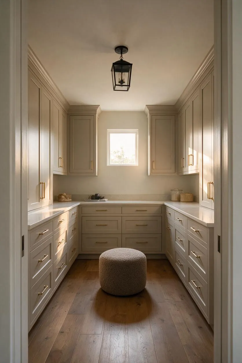 A narrow walk-in closet with custom beige built-in cabinets lining both sides and the back wall, topped with light countertops and finished with brass pulls. A small square window and a black lantern ceiling light add brightness and contrast, while a round upholstered ottoman sits on warm wood plank flooring.