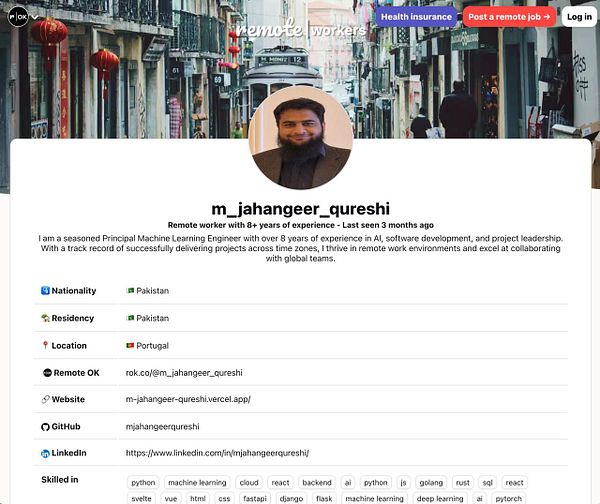 The image displays a profile page for a remote worker named m_jahangeer_qureshi.
