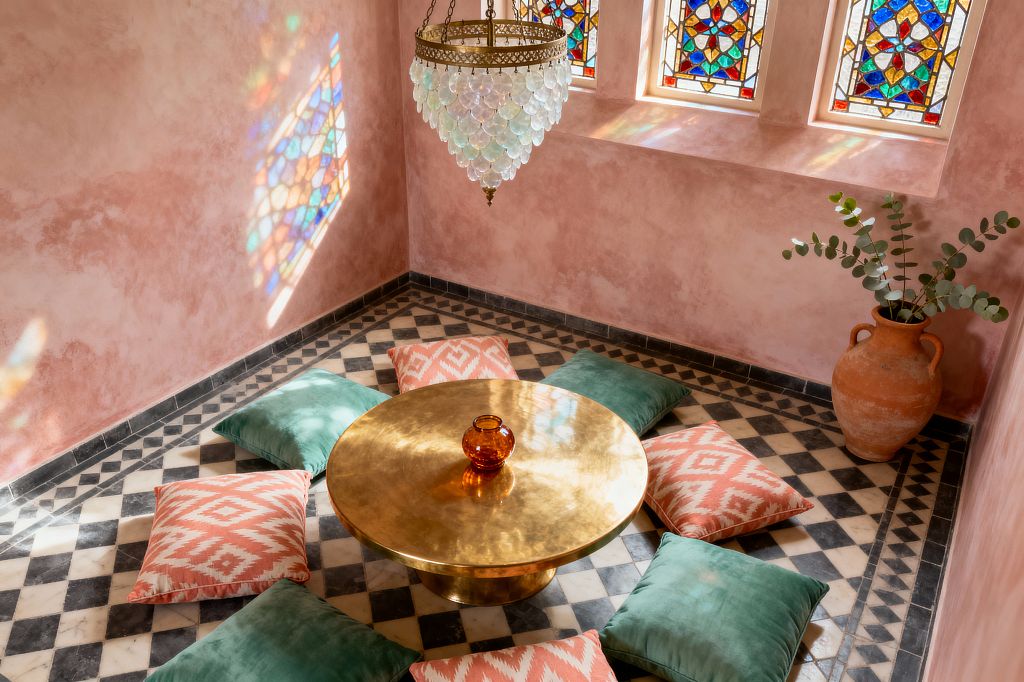 A bohemian dining nook with a low round brass table on a black-and-white checkerboard tile floor, surrounded by emerald velvet and coral ikat floor cushions. Blush pink plaster walls and three stained-glass windows cast colorful reflections, while a tiered capiz-and-brass chandelier hangs above; an amber glass vase sits on the table and a terracotta urn with eucalyptus stands in the corner.