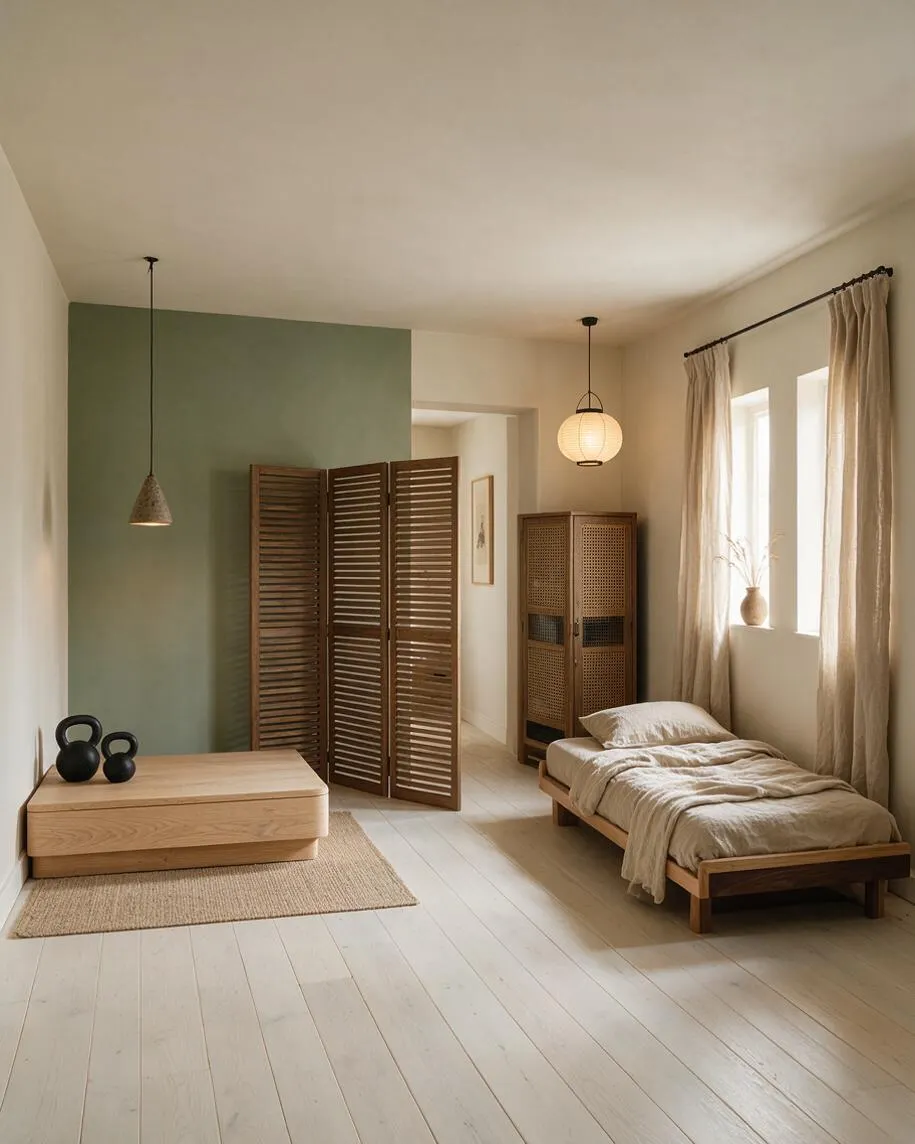 A calm Japandi-style home gym with pale wood floors, a muted green accent wall, and natural textures throughout. The room includes a low wooden workout platform with kettlebells, a woven room divider, a cane-front cabinet, a daybed with neutral bedding, and soft curtains filtering daylight.