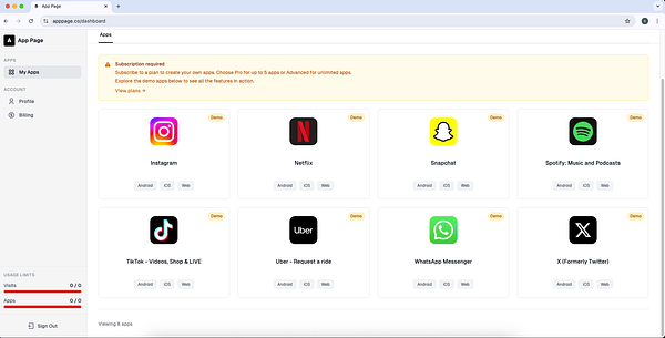 The image displays a dashboard for an app management platform showcasing various demo applications.