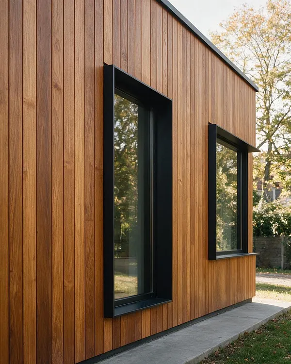 A modern exterior with vertical natural wood cladding and two tall rectangular windows framed in matte black metal. The clean-lined facade sits above a narrow concrete base, with soft daylight and trees visible in the background.