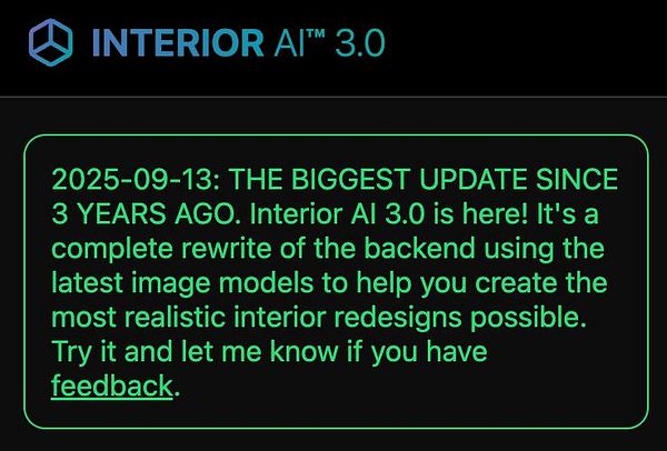 Announcement for the release of Interior AI 3.0, highlighting its significant updates.