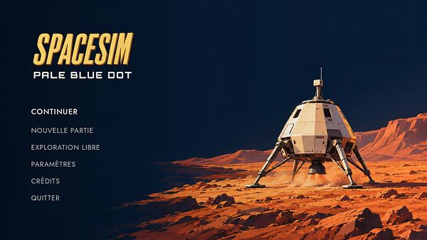 Start screen of the video game SPACESIM Pale Blue Dot with navigation options on the left and a landing spaceship on a rocky red planet on the right.