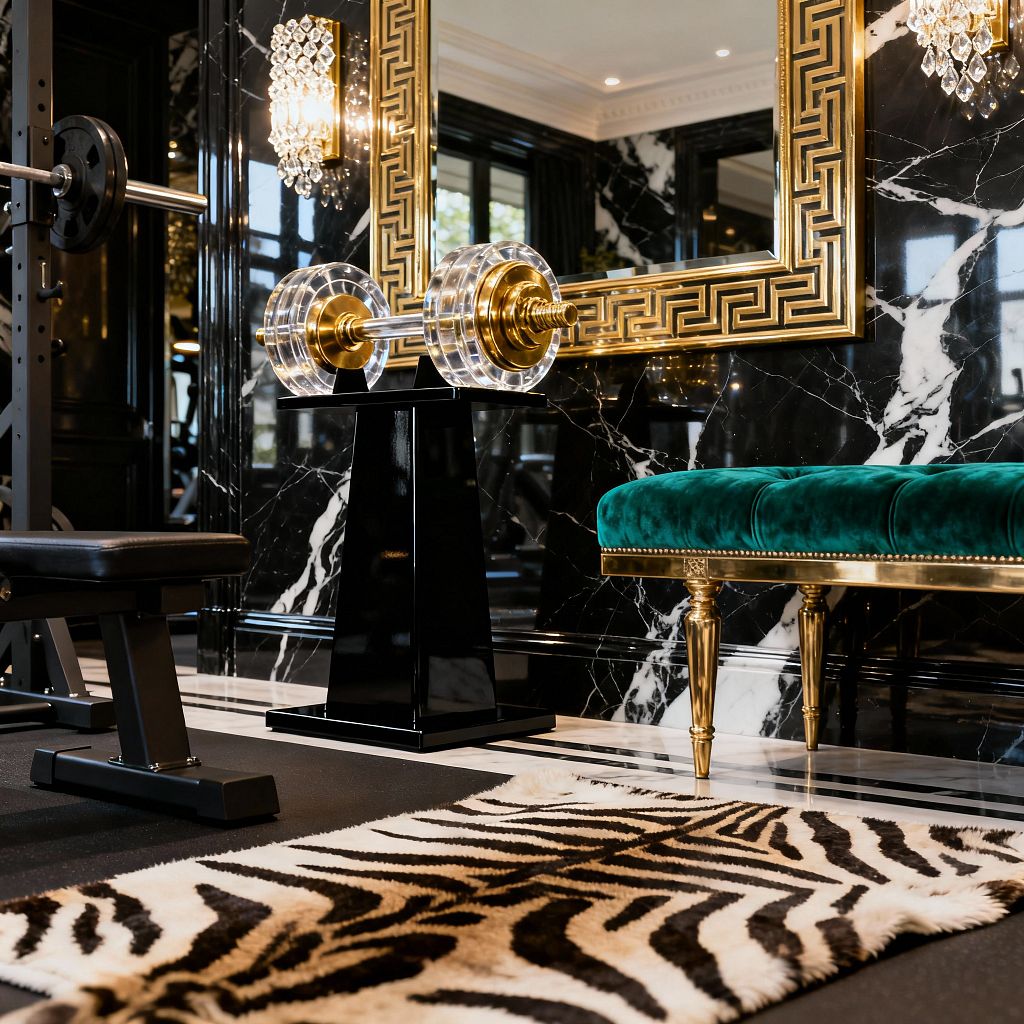 A Hollywood Regency-style home gym with black marble walls streaked with white, anchored by an oversized gold Greek key mirror and sparkling crystal sconces. In the foreground are a black weight bench, a zebra-print rug, and a black lacquer pedestal holding a brass-and-clear-acrylic dumbbell, while an emerald velvet bench with gilded, tapered legs adds color and softness beneath layered reflections and warm, recessed lighting.