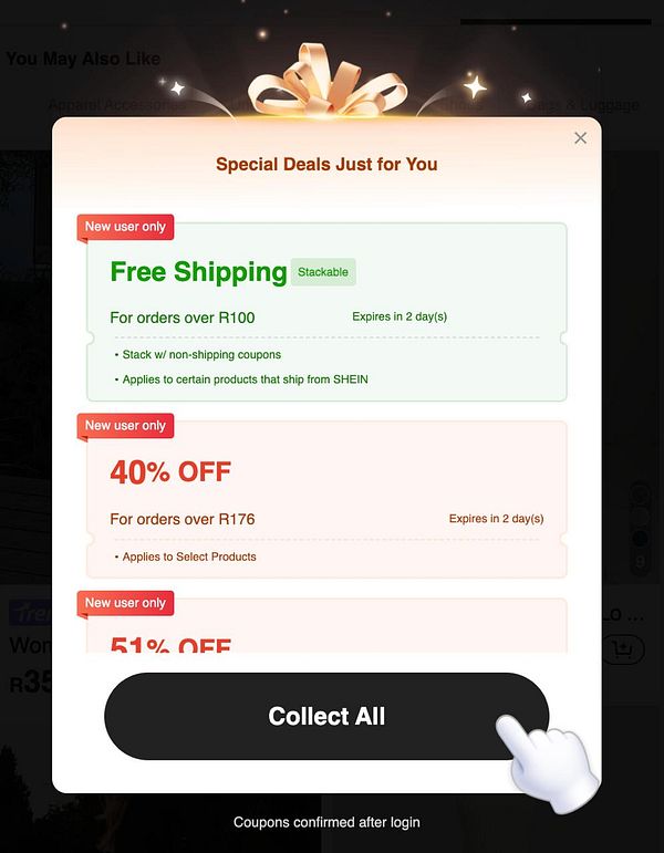 The image displays a promotional offer screen featuring special deals for new users.