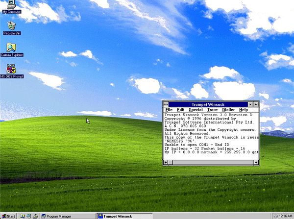 A Windows 95 desktop featuring the iconic green hills wallpaper and an open Trumpet Winsock application window.