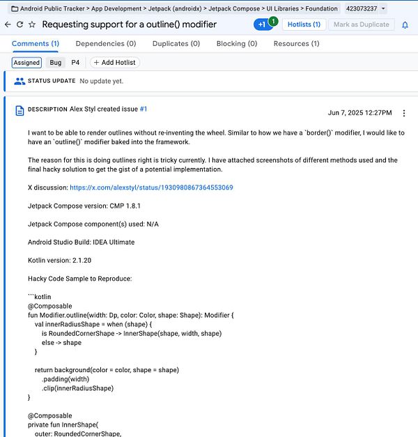 A detailed issue request for an outline modifier in Jetpack Compose.