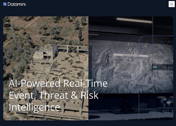 Composite image showing a partially constructed building in a desert-like area beside a computer screen displaying a detailed terrain map with risk-related data, overlaid with AI-powered intelligence text.