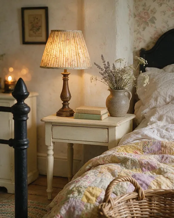 A cozy cottagecore bedroom vignette with a cream painted bedside table beside a bed with a dark curved headboard. The table holds a warm lit pleated floral lampshade, two stacked books, and a stoneware vase of dried wildflowers, with a patchwork quilt and wicker basket in the foreground.