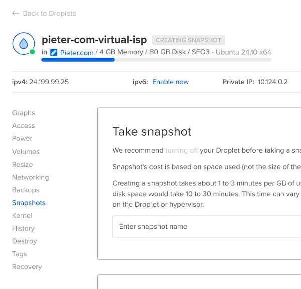 The image displays a user interface for creating a snapshot of a virtual server on the DigitalOcean platform.