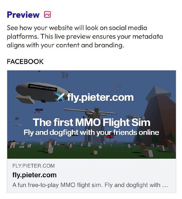 The image displays a preview of how the website fly.pieter.com will appear on social media platforms, specifically Facebook.
