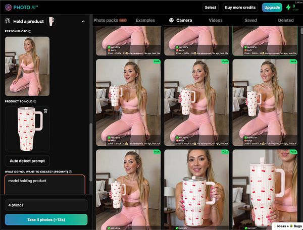 A user interface for a photo generation tool featuring a model holding a product.