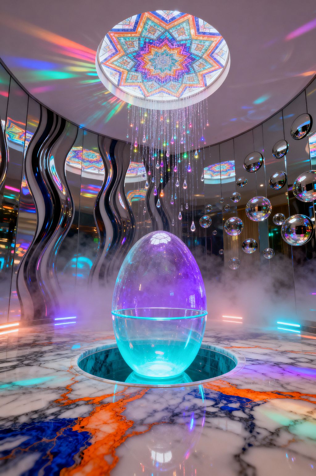 A theatrical bathroom centers on a glowing, egg-shaped glass tub set into a white marble floor streaked with bold blue and orange. Above, a round skylight with a kaleidoscopic mandala and a raindrop crystal chandelier scatter rainbow colors across undulating mirrored steel walls and clusters of suspended chrome spheres, while low mist and cyan, magenta, and violet LEDs intensify the psychedelic reflections.