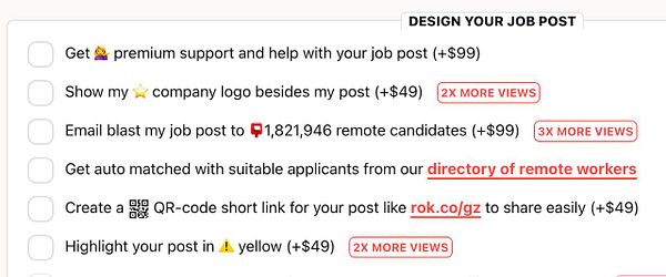 A task list for designing a job post with various upsell options.