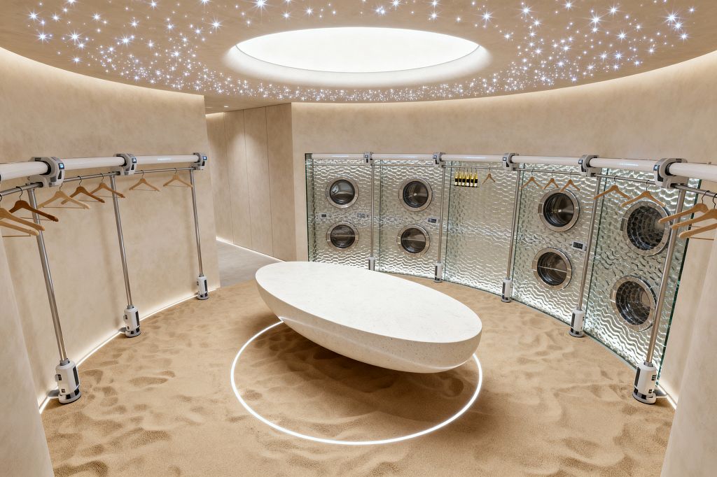 A circular, futuristic laundry room features a starry LED ceiling with a central glowing disc and warm beige plaster walls. The floor appears sand-textured, marked by a ring of light surrounding an oval, pale stone bench. Along the curved perimeter, rippled glass panels reveal rows of stainless front-loading machines. On the opposite arc, robotic aluminum clothing rails hold wooden hangers. Subtle base lighting and integrated fixtures cast a soft white glow across the minimal, high-tech space.