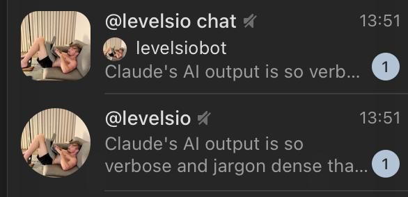 Screenshot of a Telegram chat showing forwarded posts from the Levelsio blog feed.
