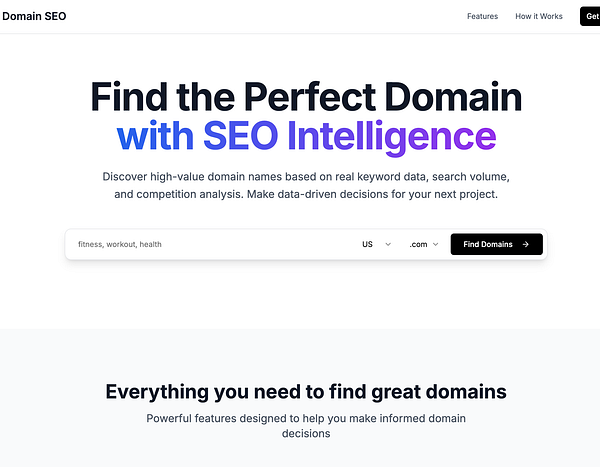 The image displays a web interface for a domain search tool focused on SEO intelligence.