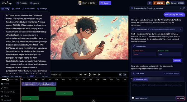 The image displays a screenplay editing interface featuring a character named Sakura in a suburban setting.