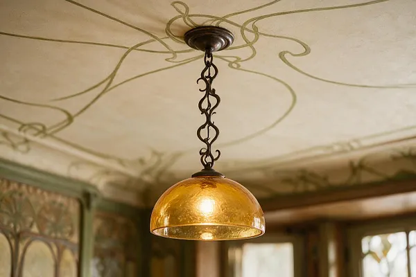 A hanging pendant light with an amber glass dome and dark metal chain is centered beneath a ceiling painted with flowing Art Nouveau vine-like lines. The warm fixture glows softly against a cream ceiling and ornate room details in the background.